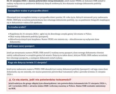 Ostatni dzień na potwierdzenie tożsamości dla posiadaczy PESEL UKR – 31 sierpnia 2026