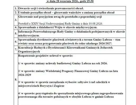 XXV Sesja Rady Gminy Lubrza – 28 września 2026. Mieszkańcy zaproszeni