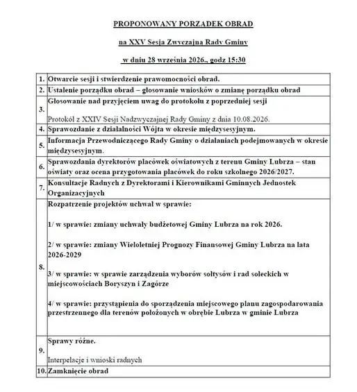 XXV Sesja Rady Gminy Lubrza – 28 września 2026. Mieszkańcy zaproszeni