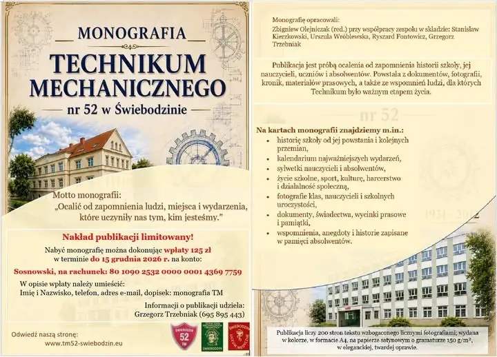 Monografia Technikum Mechanicznego nr 52 w Świebodzinie — historia szkoły w jednym tomie