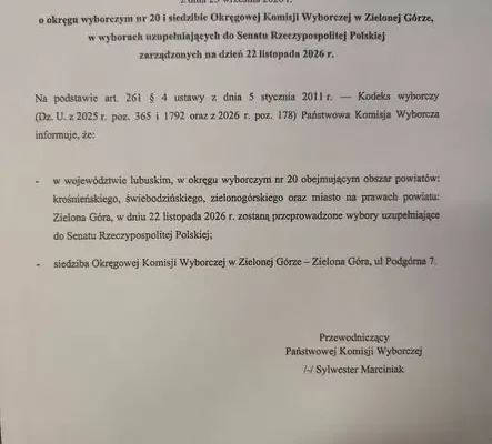 Wybory uzupełniające do Senatu w okręgu nr 20 – głosowanie 22 listopada 2026 r.