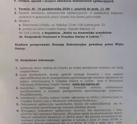 Lubrza ogłasza nabór na stanowisko ds. gospodarki gruntami