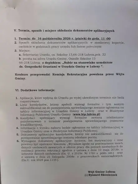 Lubrza ogłasza nabór na stanowisko ds. gospodarki gruntami