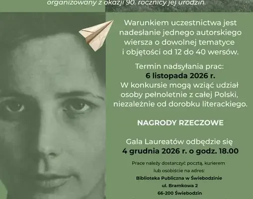 Świebodzin zaprasza na Ogólnopolski Konkurs Poetycki „Liryczny Świebodzin” 2026