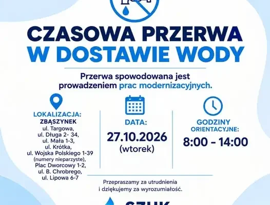 Awaryjne prace na wodociągu w Zbąszynku – przerwa w dostawie wody 27 października