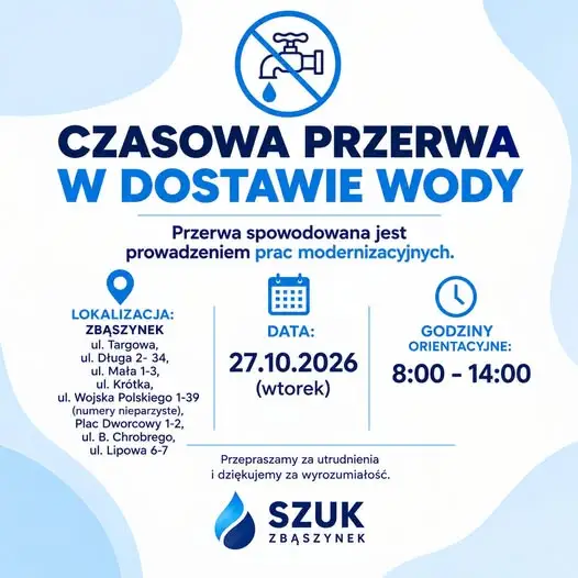 Awaryjne prace na wodociągu w Zbąszynku – przerwa w dostawie wody 27 października
